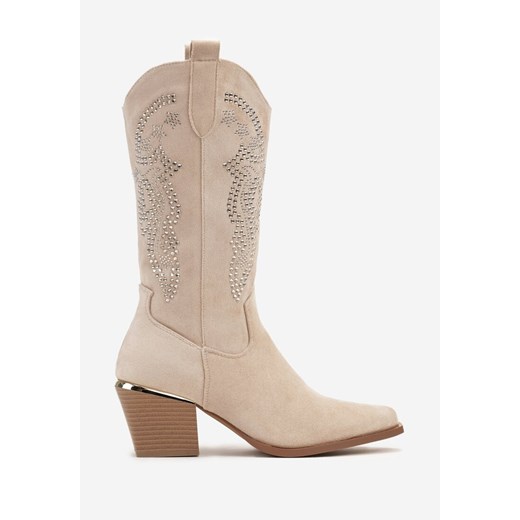 Beżowe Kozaki Typu Kowbojki z Ozdobnym Haftem i Metalową Wstawką przy Obcasie 37 wyprzedaż born2be.pl