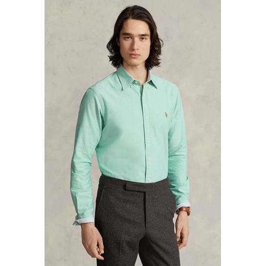 Polo Ralph Lauren koszula bawełniana męska kolor zielony slim z kołnierzykiem button-down 710852742 ze sklepu ANSWEAR.com w kategorii Koszule męskie - zdjęcie 174943721