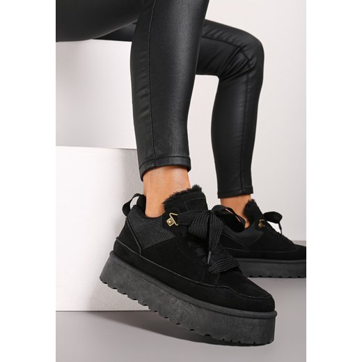 Czarne Sneakersy na Platformie ze Sznurowaniem Ozdobione Futerkiem Vaivelle ze sklepu renee.pl w kategorii Buty sportowe damskie - zdjęcie 174975922