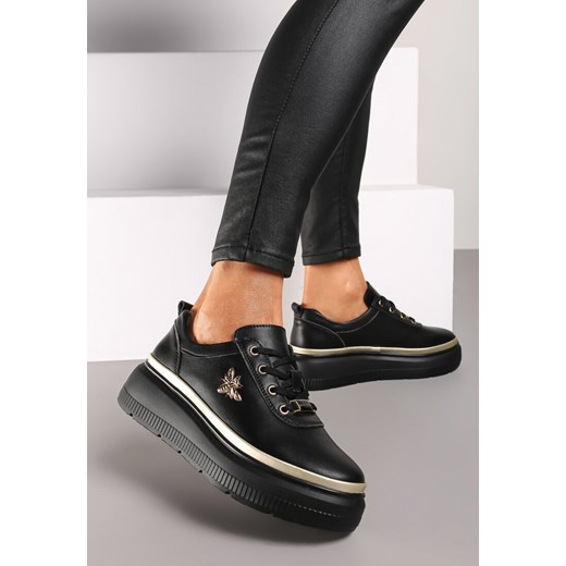Czarne Sneakersy ze Skóry Naturalnej na Platformie Ozdobione Metaliczną Aplikacją Nerinae ze sklepu renee.pl w kategorii Buty sportowe damskie - zdjęcie 175007761