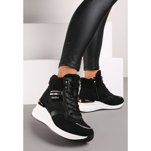 Czarne Sneakersy na Koturnie z Wysoką Cholewką Ozdobione Brokatem Sinthera ze sklepu renee.pl w kategorii Buty sportowe damskie - zdjęcie 175012450