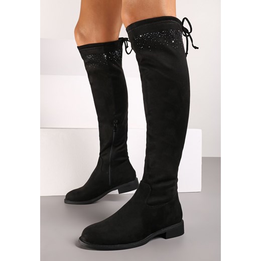 Czarne Płaskie Kozaki w Stylu Muszkieterek ze Sznurkiem i Cyrkoniami Linorielle ze sklepu born2be.pl w kategorii Kozaki damskie - zdjęcie 175012913