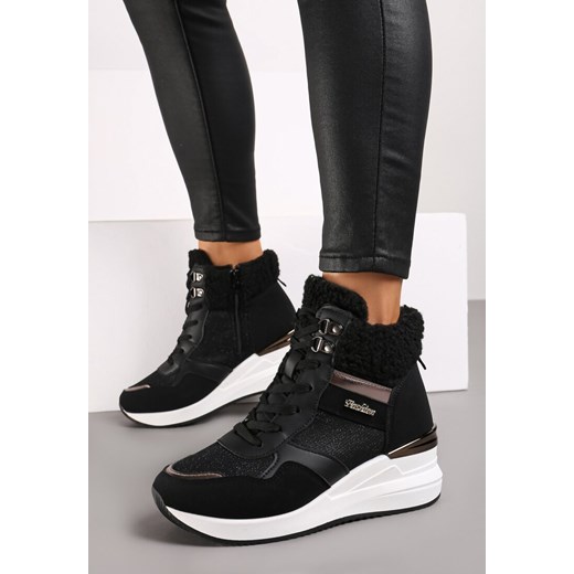Czarne Sneakersy na Koturnie za Kostkę z Brokatem Sinthaine ze sklepu born2be.pl w kategorii Buty sportowe damskie - zdjęcie 175016213