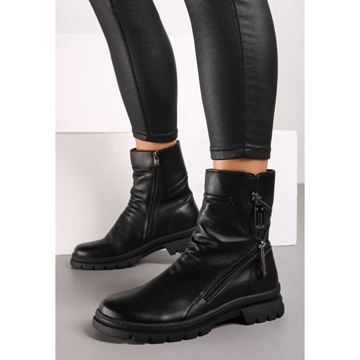 Czarne Płaskie Botki Ozdobione Marszczeniem i Suwakami Nevalenne 36 promocja born2be.pl