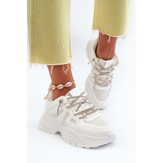 Sneakersy Z Ozdobnym Sznurowaniem Masywna Podeszwa Białe Relissa C2155 ze sklepu ZAZOO w kategorii Buty sportowe damskie - zdjęcie 175023682