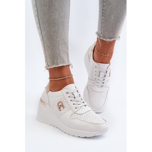 Sneakersy Damskie Skóra Koturn D&A LR810 Białe ze sklepu ZAZOO w kategorii Buty sportowe damskie - zdjęcie 175026331