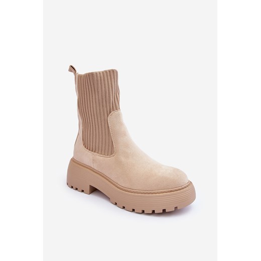 Botki Sztyblety Skarpeta Płaski Obcas Platforma Beżowe Rewam JJ27P ze sklepu ZAZOO w kategorii Botki - zdjęcie 175028094