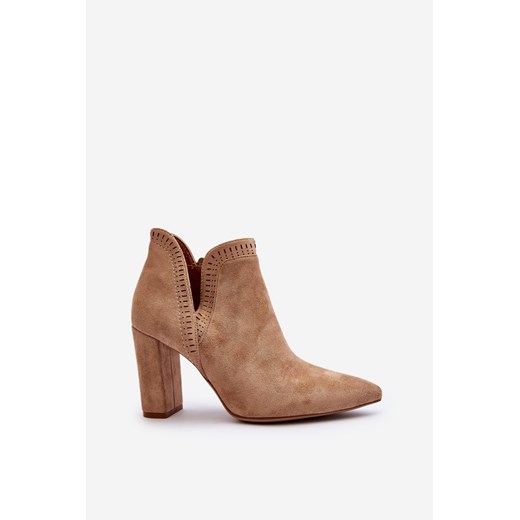 Botki Damskie Na Słupku Wycięcie Beżowe Kerestia A8705-63 ze sklepu ZAZOO w kategorii Botki - zdjęcie 175029820