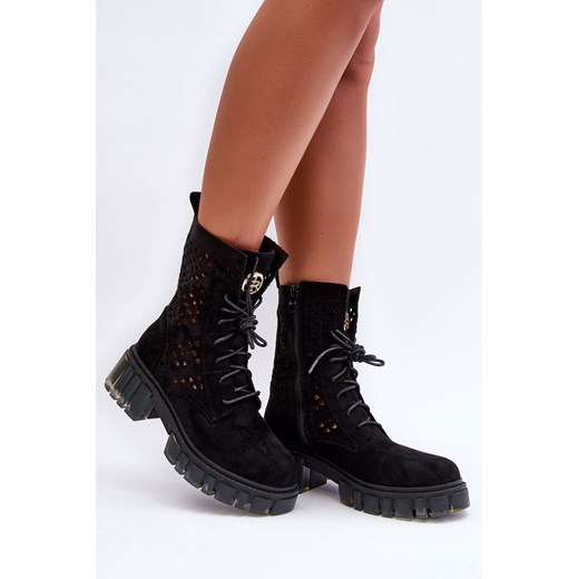 Ażurowe Botki Workery Czarne Ideally D8108 ze sklepu ZAZOO w kategorii Workery damskie - zdjęcie 175034371