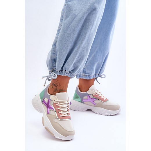 Sneakersy Damskie Sznurowane Beżowo-Zielone Cortes BL378 ze sklepu ZAZOO w kategorii Buty sportowe damskie - zdjęcie 175039281
