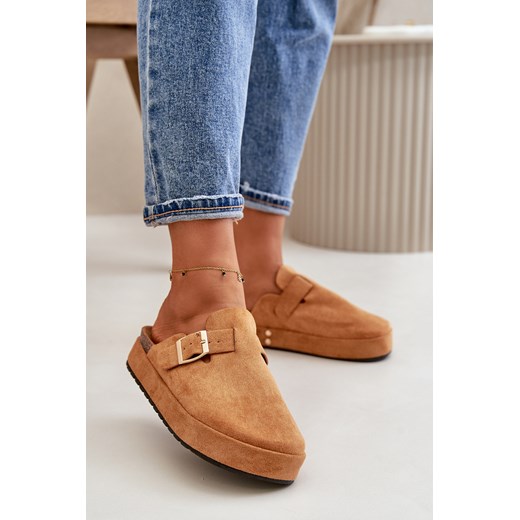 Chodaki Klapki Damskie Platforma Klamra Camel Terilaina ze sklepu ZAZOO w kategorii Mokasyny damskie - zdjęcie 175039570