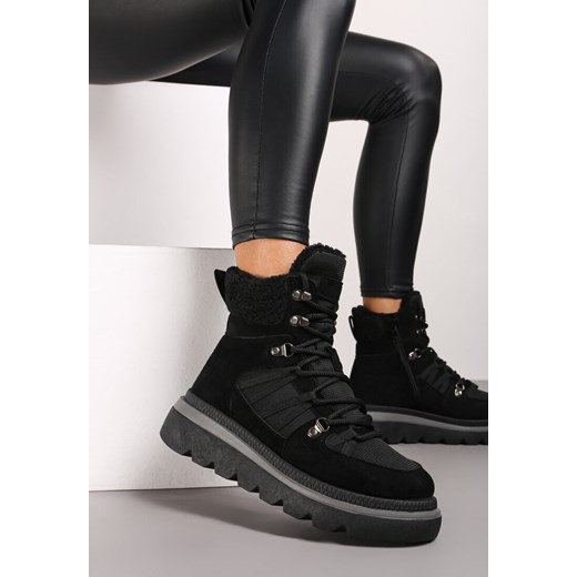 Czarne Futerkowe Traperki na Niskiej Platformie Linivora ze sklepu renee.pl w kategorii Workery damskie - zdjęcie 175046213