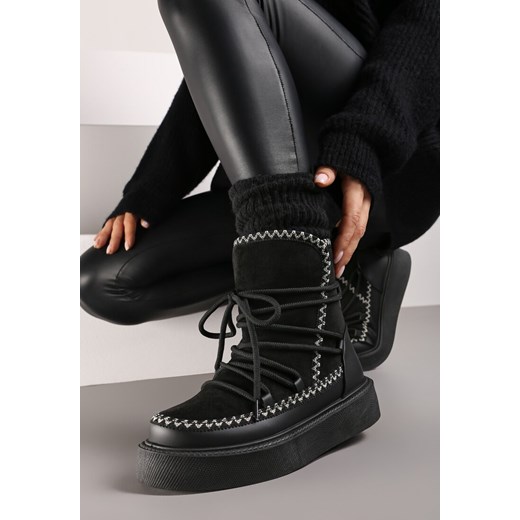 Czarne Śniegowce na Grubej Podeszwie Ozdobione Sznurowaniem i Brokatem Melindria 39 okazyjna cena born2be.pl