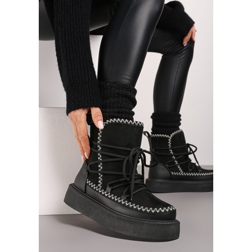 Czarne Śniegowce na Grubej Podeszwie Ozdobione Sznurowaniem i Brokatem Melindria 39 okazja born2be.pl