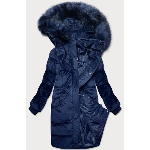 Sztruksowa zimowa kurtka damska z kapturem granatowa (7764) ze sklepu goodlookin.pl w kategorii Kurtki damskie - zdjęcie 175072421