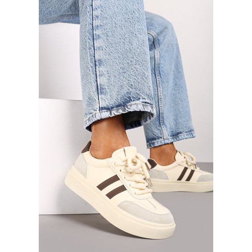 Beżowo-Brązowe Sneakersy na Grubej Podeszwie z Paskami i Sznurowaniem Tiariel ze sklepu born2be.pl w kategorii Buty sportowe damskie - zdjęcie 175076573