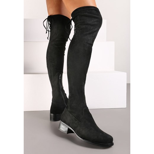 Czarne Kozaki Muszkieterki na Płaskiej Podeszwie ze Sznurkiem Avatiras - id: DJ0350-38-BLACK - marki Renee - 175077284 Czarne Kozaki Muszkieterki na Płaskiej Podeszwie ze Sznurkiem Avatiras ze sklepu renee.pl w kategorii Kozaki damskie - zdjęcie 175077284