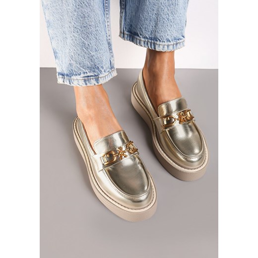 Złote Mokasyny na Płaskiej Podeszwie z Łańcuszkiem Evastria Renee 36 okazja renee.pl