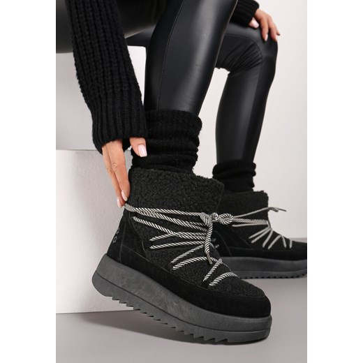 Czarne Niezapinane Śniegowce na Niskiej Platformie z Futerkiem i Sznurowaniem Avalisande ze sklepu renee.pl w kategorii Śniegowce damskie - zdjęcie 175077401