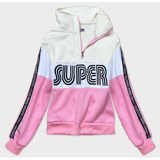 Bluza sportowa damska z rozpinaną stójką ecru-jasny róż (26019) ze sklepu goodlookin.pl w kategorii Bluzy damskie - zdjęcie 175102734