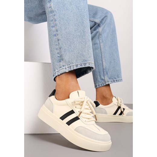 Beżowo-Czarne Sznurowane Sneakersy na Platformie Ozdobione Paskami Tialise ze sklepu renee.pl w kategorii Buty sportowe damskie - zdjęcie 175103221