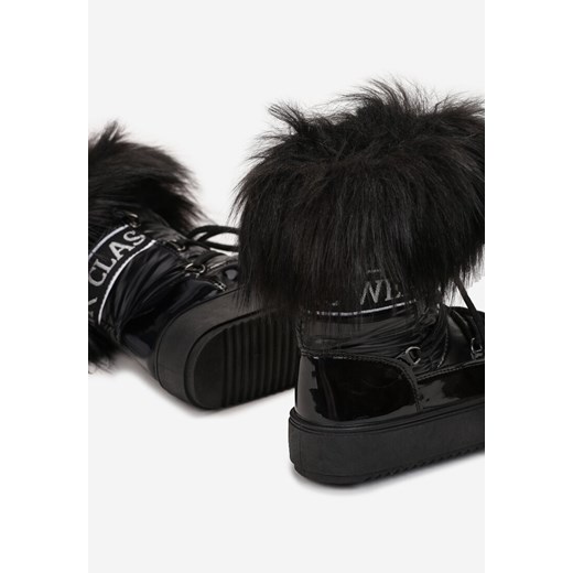 Czarne Śniegowce na Grubej Podeszwie Ozdobione Taśmą i Futerkiem Anovina Renee 35 wyprzedaż renee.pl