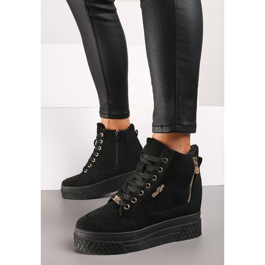 Czarno-Złote Sneakersy na Ukrytym Koturnie z Metalicznymi Wstawkami i Ozdobnym Suwakiem Daimana ze sklepu born2be.pl w kategorii Buty sportowe damskie - zdjęcie 175134381