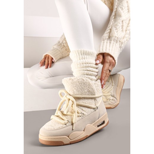 Beżowe Płaskie Śniegowce Ozdobione Futerkiem w Stylu Baranka i Sznurowaniem Alabera - id: NB696-42-BEIGE - marki Renee - 175163142 Beżowe Płaskie Śniegowce Ozdobione Futerkiem w Stylu Baranka i Sznurowaniem Alabera ze sklepu renee.pl w kategorii Śniegowce damskie - zdjęcie 175163142