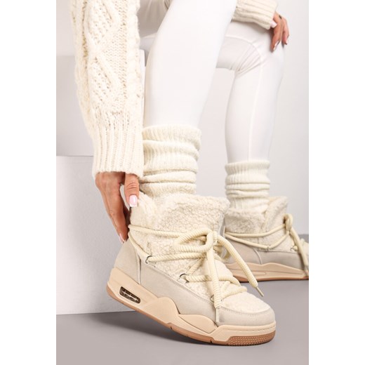 Beżowe Śniegowce na Płaskiej Podeszwie ze Sznurowaniem i Futerkiem Typu Baranek Salabira ze sklepu born2be.pl w kategorii Śniegowce damskie - zdjęcie 175163670