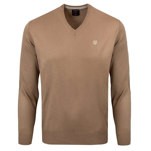 Sweter Męski Wełniany - Dekolt w Serek - Pako Jeans - Beżowy SWPJNSjoshCBZ ze sklepu JegoSzafa.pl w kategorii Swetry męskie - zdjęcie 175167124