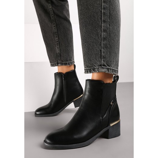 Czarne Botki na Obcasie z Metaliczną Wstawką Mattesa 41 born2be.pl promocja