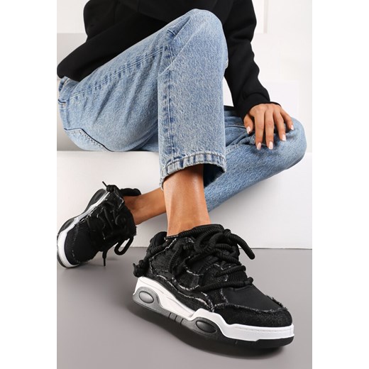 Czarne Sneakersy z Perforacją i Materiałowymi Wstawkami z Ozdobnym Sznurowaniem Luneth ze sklepu renee.pl w kategorii Buty sportowe damskie - zdjęcie 175183262