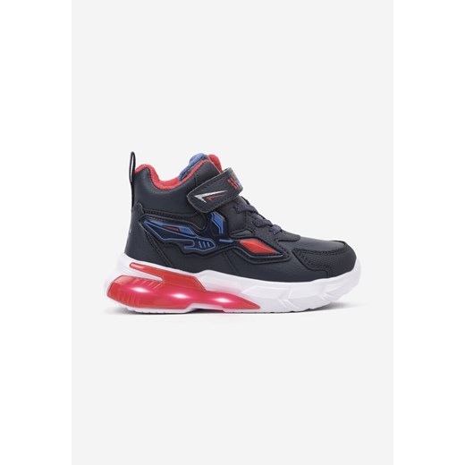 Granatowe Płaskie Buty Sportowe Sneakersy z Ledami i Geometrycznym Zdobieniem na Rzepy Erithrea ze sklepu born2be.pl w kategorii Buty sportowe dziecięce - zdjęcie 175192890