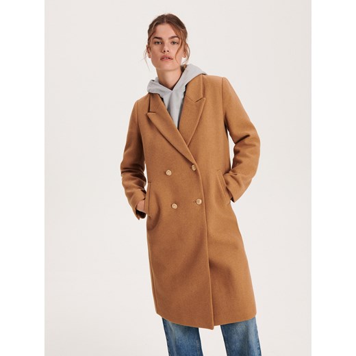 Reserved - Dwurzędowy płaszcz z dodatkiem wełny - beżowy Reserved L Reserved