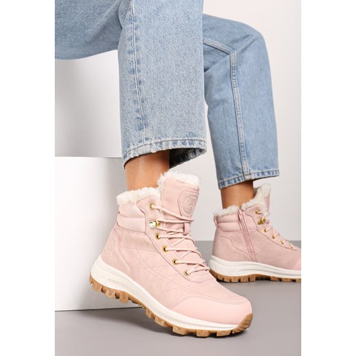 Różowe Sznurowane Traperki na Grubej Podeszwie Ocieplane Futerkiem Zinirae 40 born2be.pl okazja
