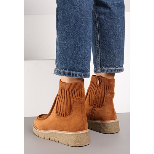 Brązowe Ekozamszowe Botki z Prążkowaną Dopasowaną Cholewką na Niskim Koturnie Renee 37 renee.pl wyprzedaż