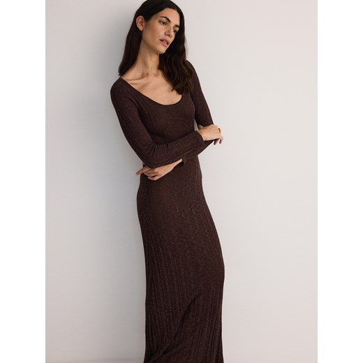 Reserved - Dzianinowa sukienka maxi z bawełną - mahoniowy Reserved S Reserved