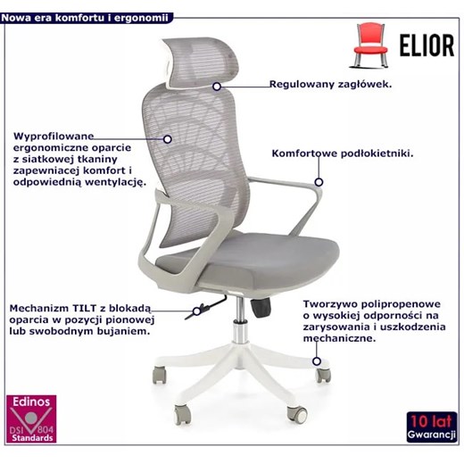 Popielaty fotel obrotowy z regulowanym zagłówkiem - Forte Elior One Size Edinos.pl