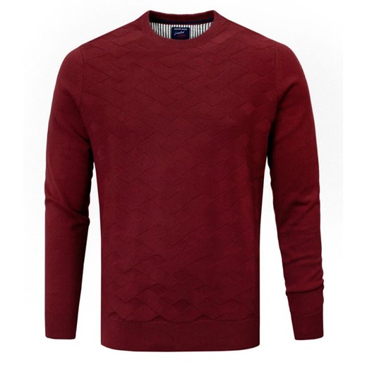 Bawełniany Sweter Męski - Pako Jeans - Bordowy z Fakturą Materiału SWPJNSlahtiBD ze sklepu JegoSzafa.pl w kategorii Swetry męskie - zdjęcie 175318620