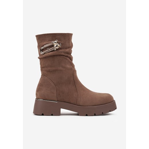 Brązowe Botki z Imitacji Zamszu z Ozdobnie Marszczoną Cholewką i Metalowym Renee 37 promocja renee.pl
