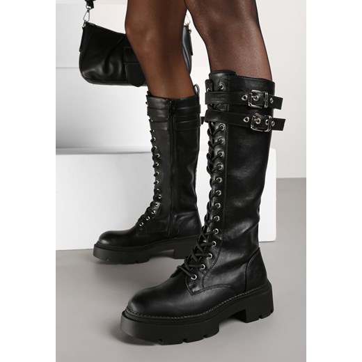 Czarne Sznurowane Kozaki na Platformie w Stylu Workerów z Paskami i Klamrami Asintoria ze sklepu renee.pl w kategorii Kozaki damskie - zdjęcie 175342811