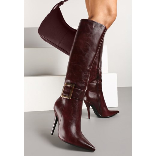 Bordowe Kozaki na Szpilce z Metaliczną Klamrą Evelinna ze sklepu renee.pl w kategorii Kozaki damskie - zdjęcie 175342913