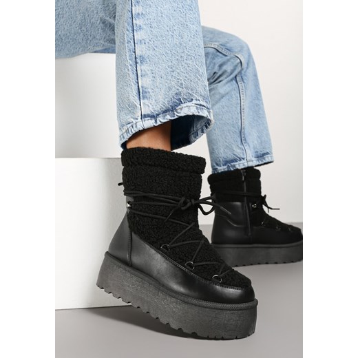 Czarne Sznurowane Śniegowce Vices na Platformie z Futerkiem Ravorelle ze sklepu renee.pl w kategorii Śniegowce damskie - zdjęcie 175343473