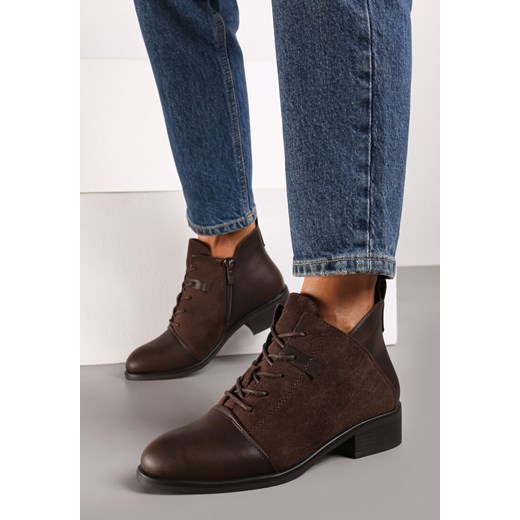 Brązowe Płaskie Botki z Kontrastowymi Elementami i Sznurowaniem Lorian - id: 350057 - marki born2be - 175371224 Brązowe Płaskie Botki z Kontrastowymi Elementami i Sznurowaniem Lorian ze sklepu born2be.pl w kategorii Botki - zdjęcie 175371224
