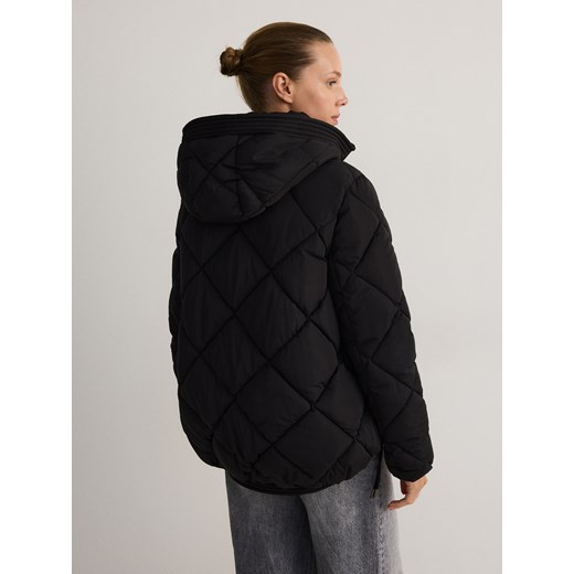 Kurtka damska Reserved czarna długa tkaninowa z kapturem 