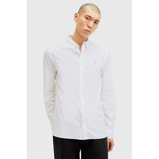 AllSaints koszula bawełniana HAWTHORNE LS SHIRT męska kolor biały slim z kołnierzykiem klasycznym M150SB ze sklepu ANSWEAR.com w kategorii Koszule męskie - zdjęcie 175386133