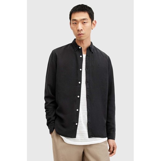 AllSaints koszula z domieszką lnu LAGUNA LS SHIRT kolor czarny regular M160SB ze sklepu ANSWEAR.com w kategorii Koszule męskie - zdjęcie 175386170