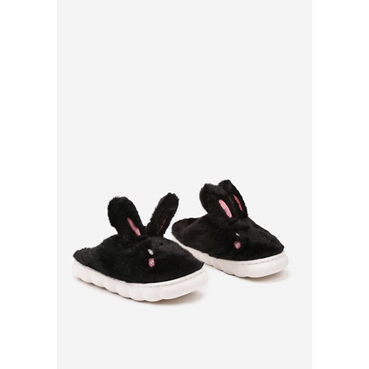 Czarne Kapcie Króliczki na Grubej Tłoczonej Podeszwie z Futerkiem Ecassavia 40-41 okazja born2be.pl
