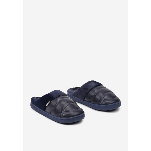 Granatowe Pikowane Płaskie Kapcie Ozdobione Futerkiem Abrinevia 38-39 born2be.pl promocyjna cena