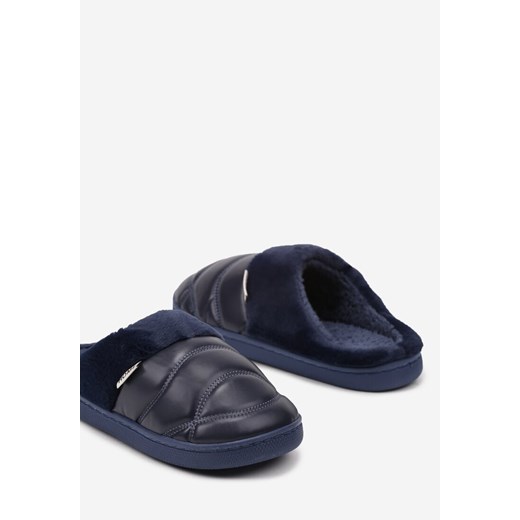 Granatowe Pikowane Płaskie Kapcie Ozdobione Futerkiem Abrinevia 38-39 born2be.pl wyprzedaż